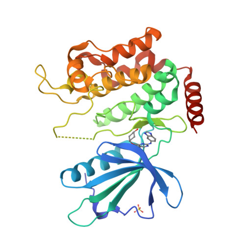 Ribbon diagram of the TNIK kinase domain crystal structure, with a small-molecule inhibitor bound in the cleft between the two lobes of the protein